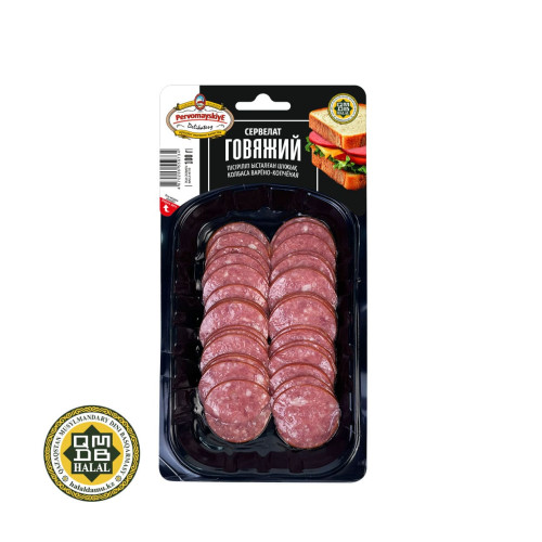 Сервелат Говяжий т.м. Первомайские Деликатесы, вар-коп, нарезка в/у, 0,1кг, шт