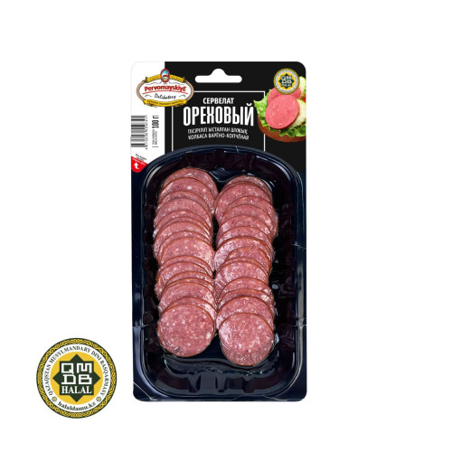 Сервелат Ореховый т.м. Первомайские Деликатесы, вар-коп, нарезка в/у, 0,1кг, шт